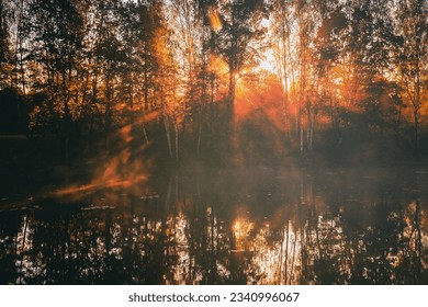 Dawn on a lake or river with a dramatic cloudy sky reflected in the water, birch trees on the shore and the sunbeams breaking through them and fog in autumn. Aesthetics of vintage film.