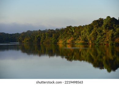 Dawn On The Rainforest-lined Guaporé-Itenez River, Near Ilha Das Flores, Rondonia State, Brazil, On The Border With Beni Department, Bolivia