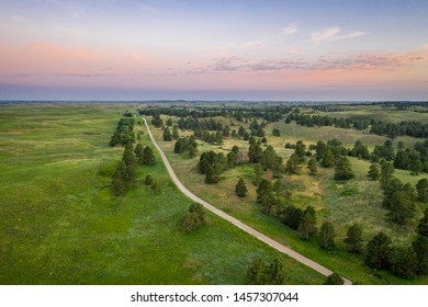 Dawn Over Sandy Road In Nebraska National Forest, Aerial View