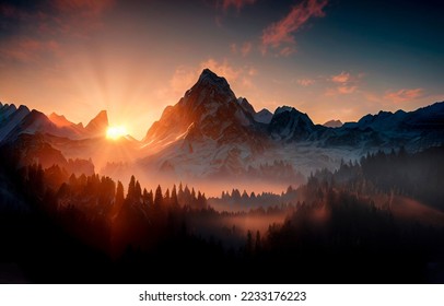 Dawn over the snow capped mountains. Snowy mountain peak at dawn. Sunrise in mountains. Mountain sunrise landscape - Shutterstock ID 2233176223