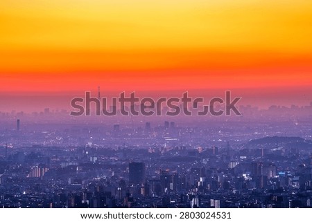 Dawn view of Tokyo Skytree and the distant city skyline under a vivid orange morning sky in Japan.