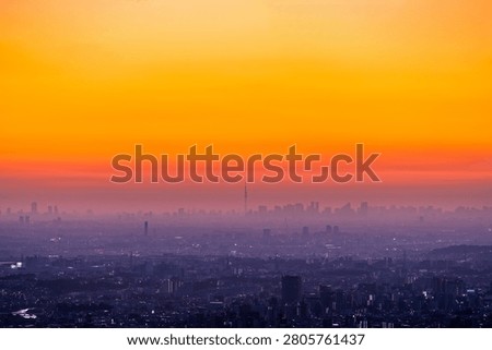 Dawn view of Tokyo Skytree and the distant city skyline under a vivid orange morning sky in Japan.