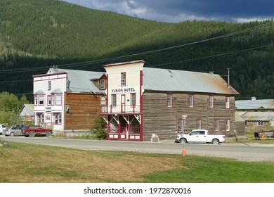 Dawson City, Yukon, Canada - August 13 2017: Famous Klondike Gold Rush Town Dawson City Main Street With Traditional Yukon Hotel Wooden House