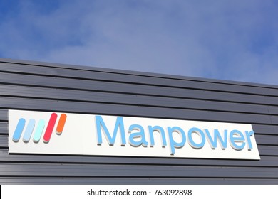 Dax, France - June 5, 2017: Manpower Logo On A Wall. ManpowerGroup Is The Third-largest Staffing Firm In The World Behind Swiss Firm Adecco And Dutch Firm Randstad 