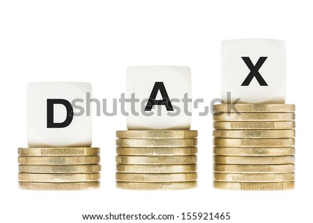 DAX (Frankfurt Stock Exchange Share Index) on Gold Coin Stacks Isolated on White