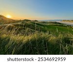 As the day comes to a close, the vibrant sun is setting gracefully over a lush grassy field, with a picturesque beach visible in the background