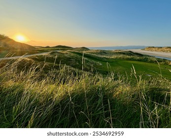 As the day comes to a close, the vibrant sun is setting gracefully over a lush grassy field, with a picturesque beach visible in the background - Powered by Shutterstock