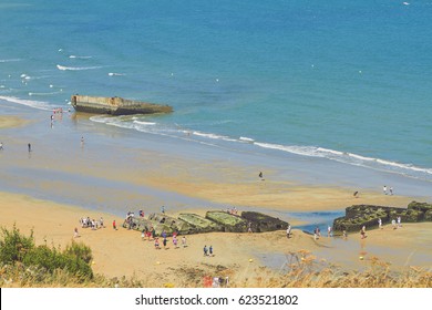 Day D, View of the cliff of France in Normendi on the beach or the landing took place. Rest of wrecks