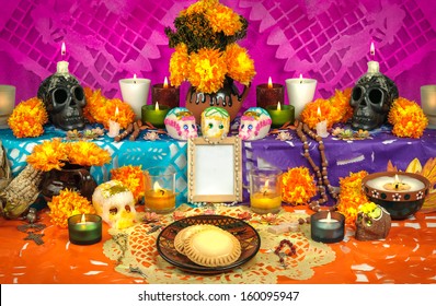 Day Of The Dead Altar With Sugar Skulls