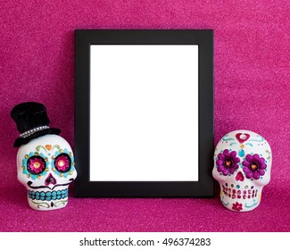 Day Of  The Dead Candy Skull Mockup With Black Frame