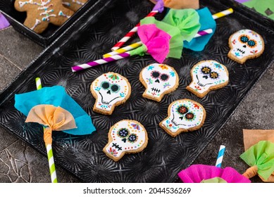 Day Of The Dead Cookies In Shape Of Sugar Skull. Mexican Halloween Dia De Los Muertos