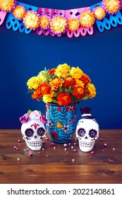 Day Of The Dead, Dia De Los Muertos Celebration Background With Sugar Skull, Calaverita, Marigolds Or Cempasuchil Flowers And Candles. Traditional Mexican Culture 