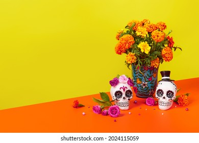 Day Of The Dead, Dia De Los Muertos Celebration Background. Sugar Skull, Calaverita, Marigolds Or Cempasuchil Flowers, Roses. Orange And Yellow Copy Space. Traditional Mexican Culture Festival Flyer