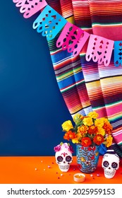 Day of the dead, Dia De Los Muertos Celebration Background With sugar Skull, calaverita, marigolds or cempasuchil flowers and candles. Traditional Mexican culture 