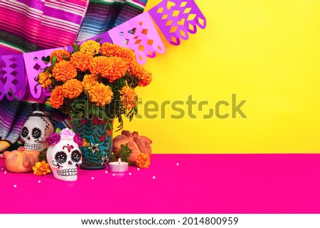 Day of the dead, Dia De Los Muertos Celebration Background With sugar Skull, calaverita, marigolds or cempasuchil flowers, bread of death or Pan de Muerto with Copy Space. Traditional Mexican culture 