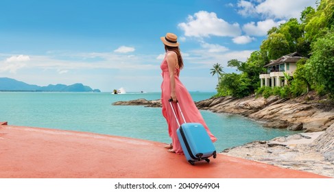 Day dream traveler woman with suitcase joy nature panorama sea view scenic landscape, Attractive stylish tourist girl travel Thailand summer holiday vacation trip, Tourism beautiful destinations Asia