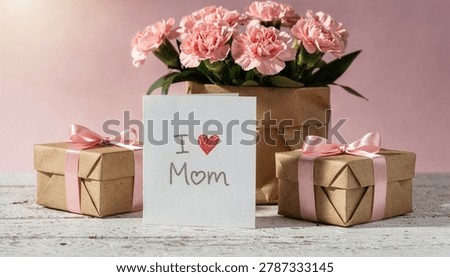 Mother’s Day Gift Boxes With Pink Carnations And Handmade I Love Mom Greeting Card