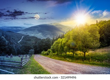 day and night collage landscape. fence near road going down the hill through meadow and forest to the high mountains with sun and moon - Powered by Shutterstock