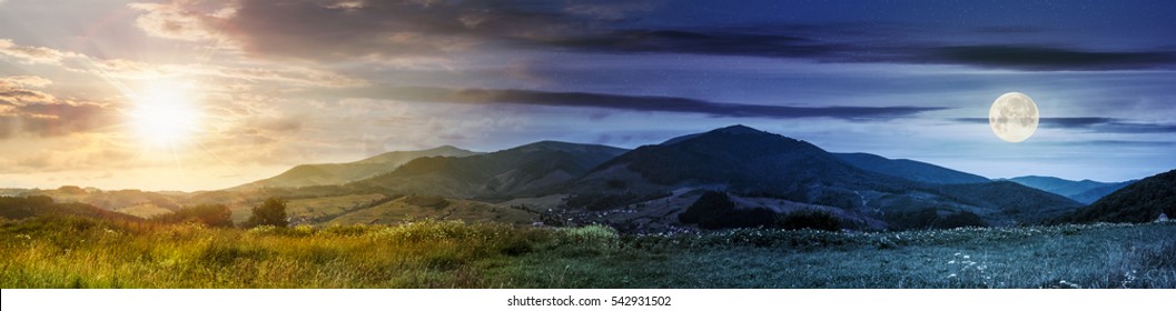 Day and night concept of summer landscape panoramic image of rural fields in mountains under cloudy sky