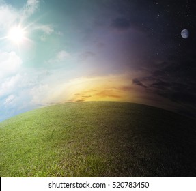 Day To Night Landscape. Scene On Globe The Meadow Path With Sun, Stars And Moon - Nobody