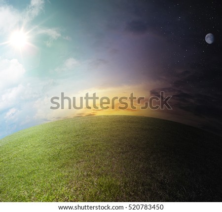 Day to night landscape. scene on globe the meadow path with sun, stars and moon - nobody