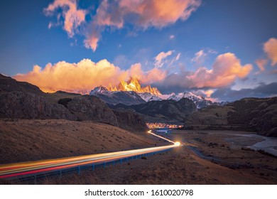 Day To Night  With Light Trails Heading Into Mount Fitz Roy, El Chalten, Argentina On Dusk With Blur Sky.