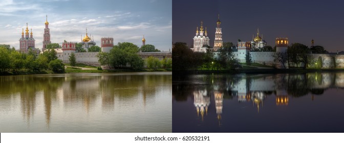 Day And Night Series: Novodevichy Convent (also Known As Bogoroditse-Smolensky Monastery), Moscow. This Is Two High Dynamic Range (HDR) Photos Of Same Location From Same Point Of Shoot.