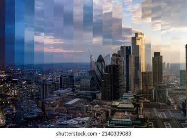 Day To Night Sliced Time Lapse View Of The City Of London With The Skyline And Tower Bridge In The Background