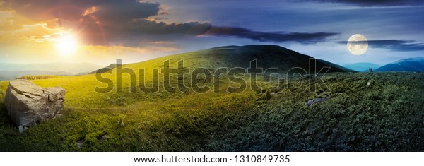 day and night time change\
concept above panorama of grassy hill with rock. beautiful summer\
landscape with sun and moon. amazing nature scenery. dramatic\
cloudy sky