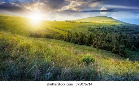 Day And Night Time Change. High Mountain Idyllic Landscape. Grassy Meadow With Forest On Hillside. Epic Nature Concept.