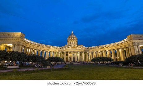 Day to night transition timelapse hyperlapse captures Kazan Cathedral (Kazanskiy Kafedralniy Sobor) in St. Petersburg during the White Nights of summer