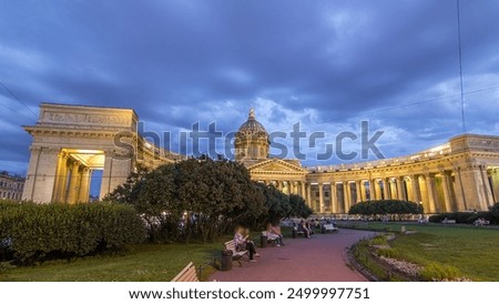 Day to night transition timelapse hyperlapse captures Kazan Cathedral (Kazanskiy Kafedralniy Sobor) in St. Petersburg during the White Nights of summer