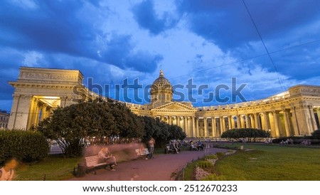 Day to night transition timelapse hyperlapse captures Kazan Cathedral (Kazanskiy Kafedralniy Sobor) in St. Petersburg during the White Nights of summer