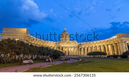 Day to night transition timelapse hyperlapse captures Kazan Cathedral (Kazanskiy Kafedralniy Sobor) in St. Petersburg during the White Nights of summer