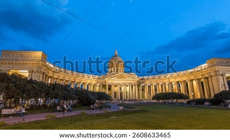 Day to night transition timelapse hyperlapse captures Kazan Cathedral (Kazanskiy Kafedralniy Sobor) in St. Petersburg during the White Nights of summer