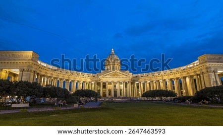 Day to night transition timelapse hyperlapse captures Kazan Cathedral (Kazanskiy Kafedralniy Sobor) in St. Petersburg during the White Nights of summer