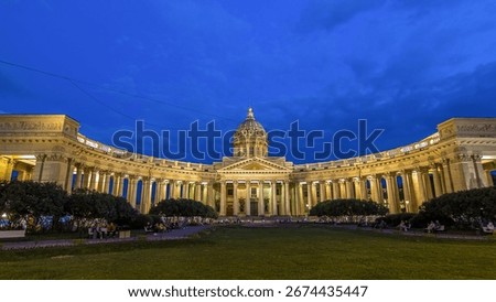 Day to night transition timelapse hyperlapse captures Kazan Cathedral (Kazanskiy Kafedralniy Sobor) in St. Petersburg during the White Nights of summer