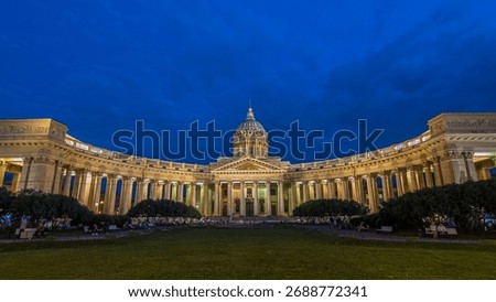 Day to night transition timelapse hyperlapse captures Kazan Cathedral (Kazanskiy Kafedralniy Sobor) in St. Petersburg during the White Nights of summer
