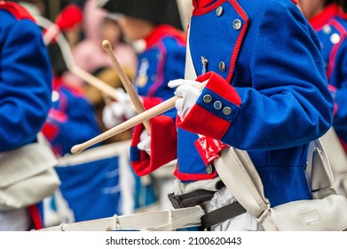 The Day of San Sebastian, Spain, 20 January celebrated with the parade of costumes of Napoleonic army soldiers - Shutterstock ID 2100620443