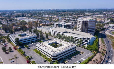 Day Time Aerial View Of The Orange County Skyline And The 55 Freeway In The North End Of Santa Ana, California.