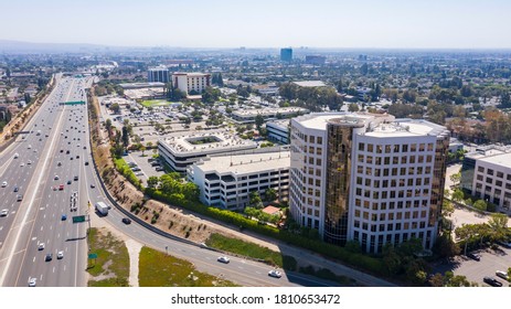 Day Time Aerial View Of The Orange County Skyline And The 55 Freeway In The North End Of Santa Ana, California.