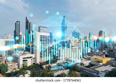 Day time bright Bangkok city background with business chart grid. Success and finance concept. Doublexposure - Shutterstock ID 1778764061