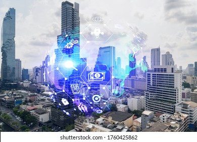 Day time cityscape of big city view background with Research and development theme drawing hologram. Data concept. Multiexposure
