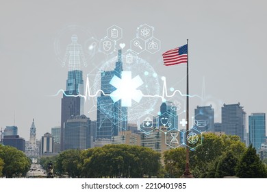 Day Time Cityscape Of Philadelphia Financial Downtown, Pennsylvania, USA. City Hall Neighborhood. Hologram Healthcare Digital Medicine Icons. The Concept Of Treatment From Disease, Threat Of Pandemic