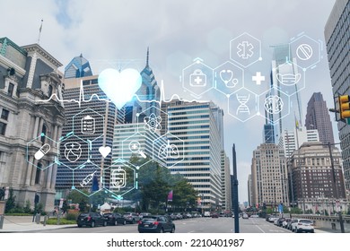 Day Time Cityscape Of Philadelphia Financial Downtown, Pennsylvania, USA. City Hall Neighborhood. Hologram Healthcare Digital Medicine Icons. The Concept Of Treatment From Disease, Threat Of Pandemic