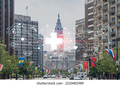 Day Time Cityscape Of Philadelphia Financial Downtown, Pennsylvania, USA. City Hall Neighborhood. Hologram Healthcare Digital Medicine Icons. The Concept Of Treatment From Disease, Threat Of Pandemic