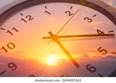 Day Time, Time clock face double exposure with summer morning sun rise beautiful sky background.