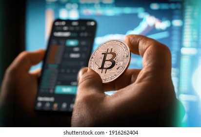 Day trader buying selling crypto currency bitcoin concept