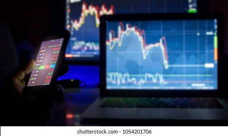 Day Trader Computer Screens With Charts, Vienna Austria, 25-3-2018