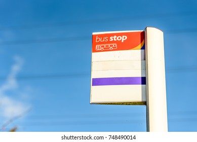 Day View Of Bus Stop Sign In Northampton UK.